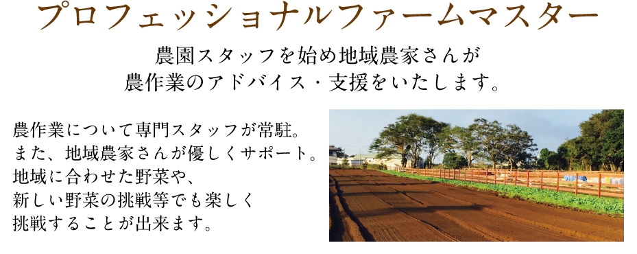 [プロフェッショナルファームマスター] 農園スタッフを始め地域農家さんが農作業のアドバイス・支援をいたします。 農作業について専門スタッフが常駐。また、地域農家さんが優しくサポート。地域に合わせた野菜や、新しい野菜の挑戦等でも楽しく挑戦することが出来ます。